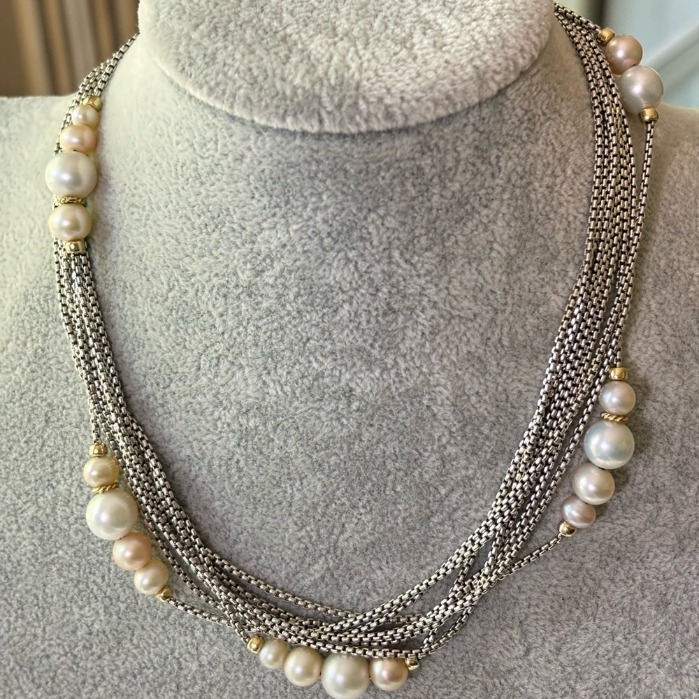 David Yurman 925 & 18k Gold Multi-Strand Pearl Station Necklace 15.5"
